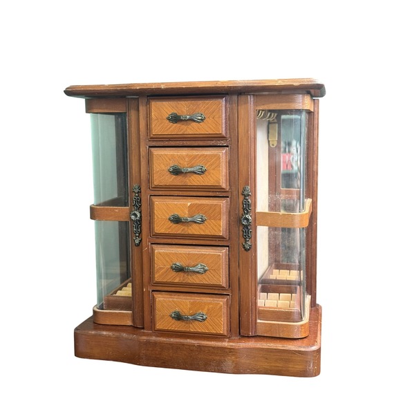 Other - Vintage Wood Jewelry Armoire 5 Drawer Necklace Carousel Mirrored Chest